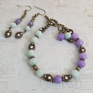 Purple, aqua, antiqued gold beaded bracelet